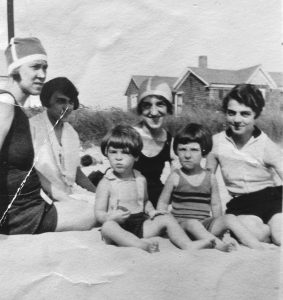 Adults, left to right: Corinne Delage, Beatrice Metthe Tillotson, Pauline Metthe, Dinorah Metthe. Children, left to right: Rita Delage, Pauline Tillotson (my mother), ca. 1928.